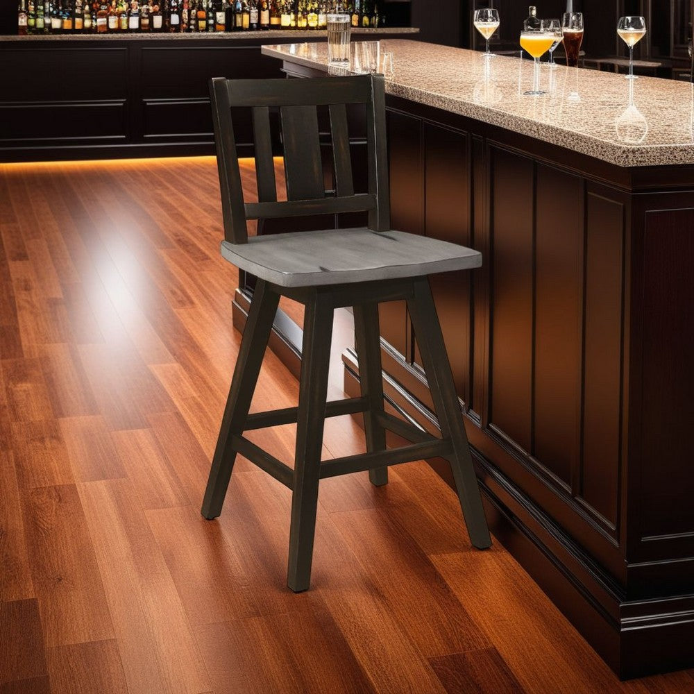 Benjara Ati Swivel Counter Height Chair Set of 2, Slatted Black Wood, Gray