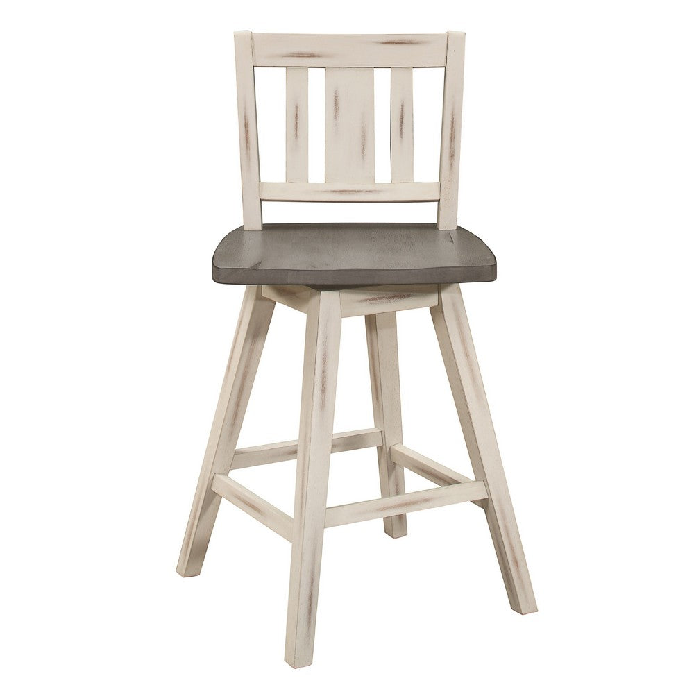 Benjara Ati Swivel Counter Height Chair Set of 2, Slatted White Wood, Gray