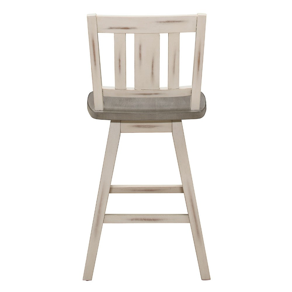 Benjara Ati Swivel Counter Height Chair Set of 2, Slatted White Wood, Gray