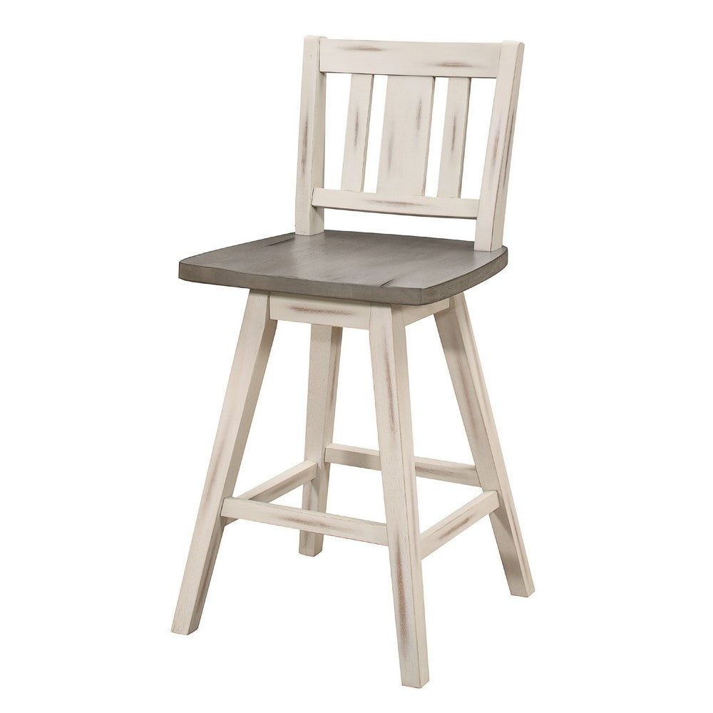 Benjara Ati Swivel Counter Height Chair Set of 2, Slatted White Wood, Gray