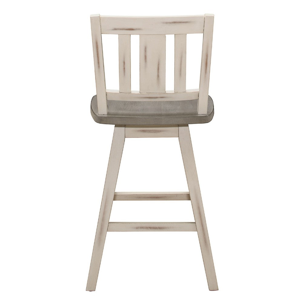 Benjara Ati Swivel Counter Height Chair Set of 2, Slatted White Wood, Gray