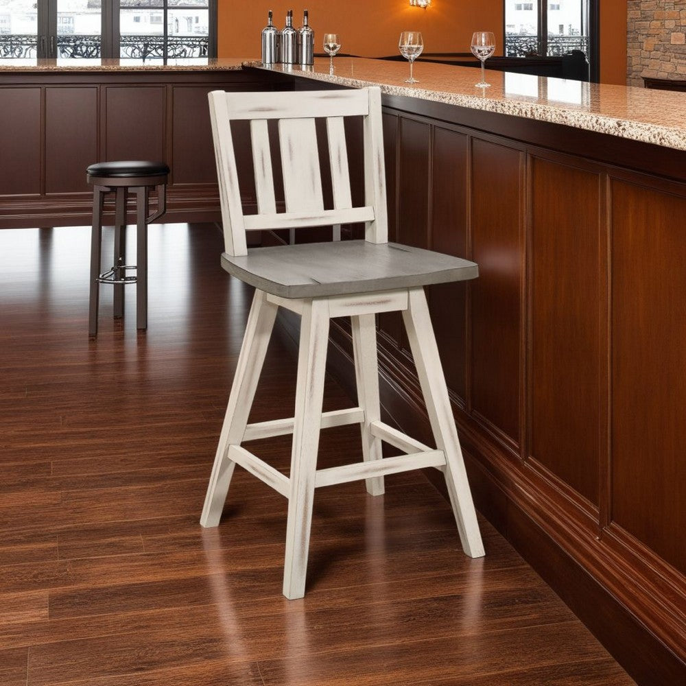 Benjara Ati Swivel Counter Height Chair Set of 2, Slatted White Wood, Gray
