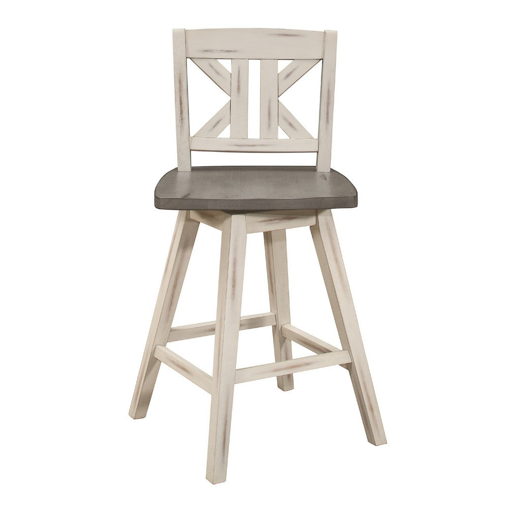 Benjara Ati Swivel Counter Height Chair Set of 2, X Back White Wood, Gray