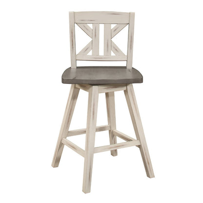 Benjara Ati Swivel Counter Height Chair Set of 2, X Back White Wood, Gray