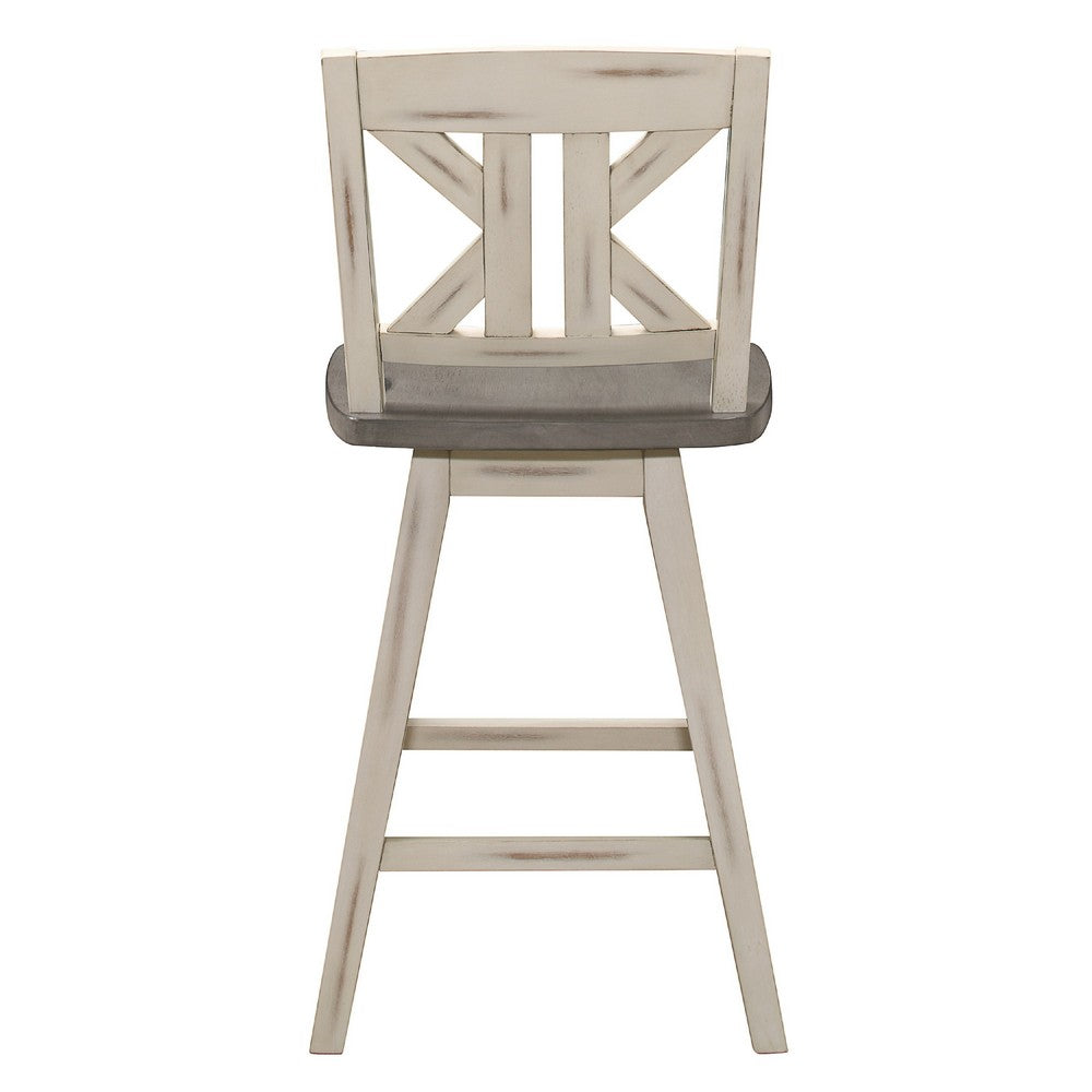 Benjara Ati Swivel Counter Height Chair Set of 2, X Back White Wood, Gray