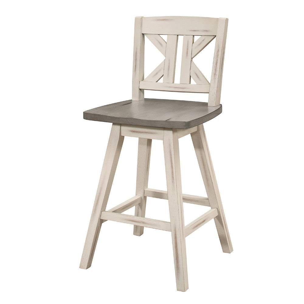 Benjara Ati Swivel Counter Height Chair Set of 2, X Back White Wood, Gray