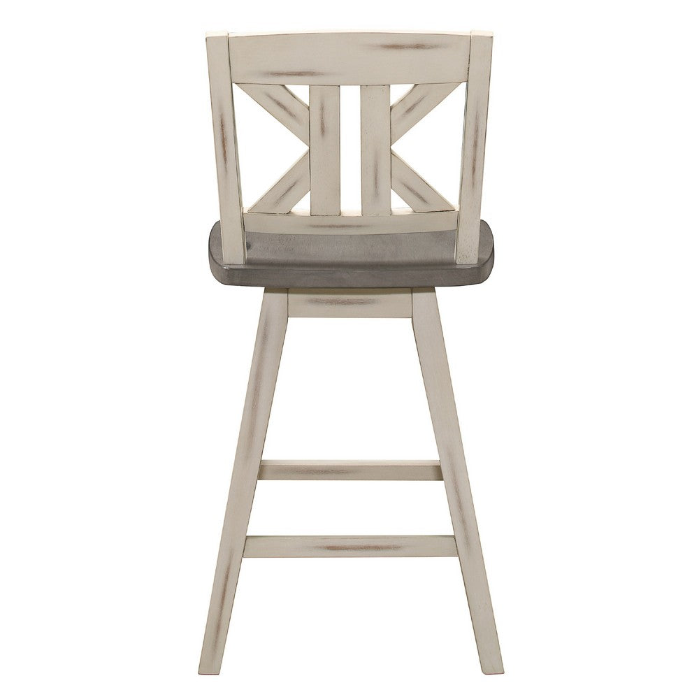 Benjara Ati Swivel Counter Height Chair Set of 2, X Back White Wood, Gray