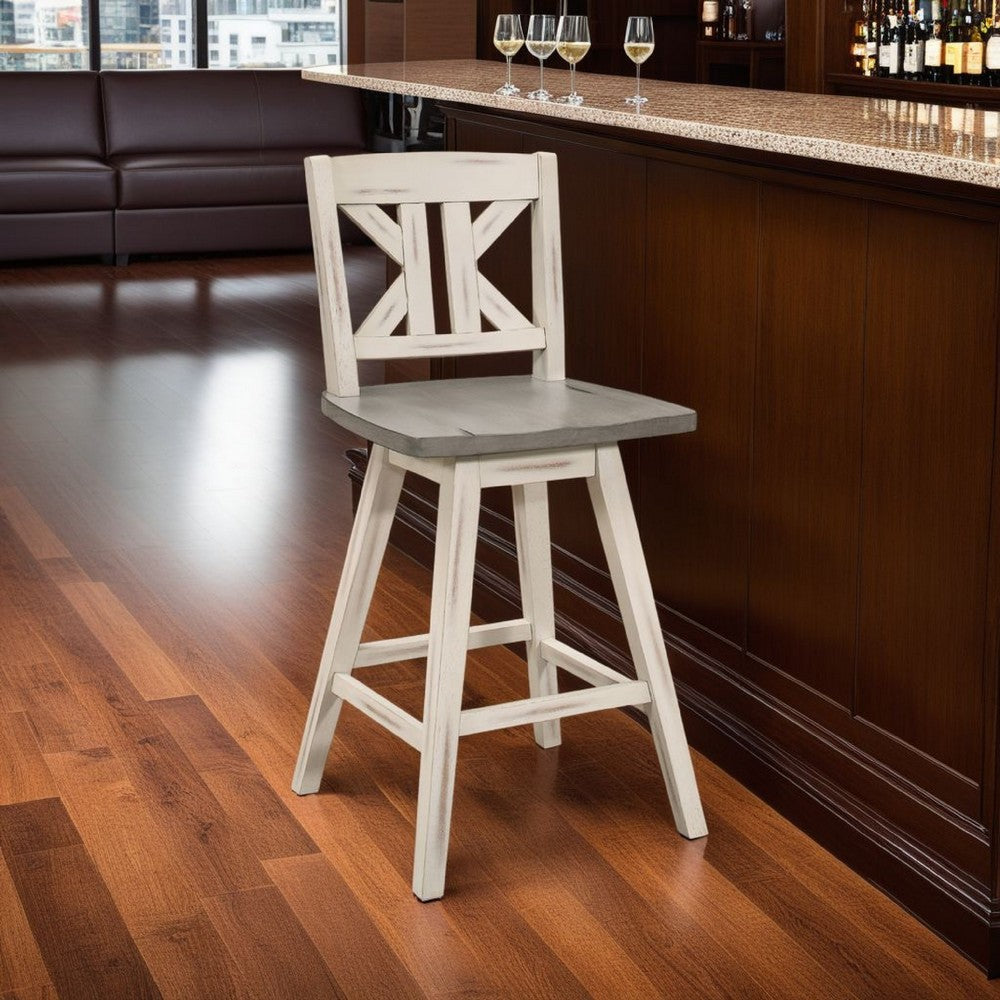 Benjara Ati Swivel Counter Height Chair Set of 2, X Back White Wood, Gray