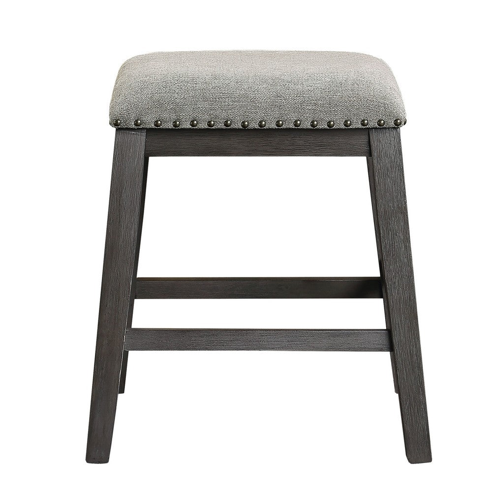 Benjara Tuna Counter Height Stool Set of 2, Chenille Seat, Nailhead, Gray Wood