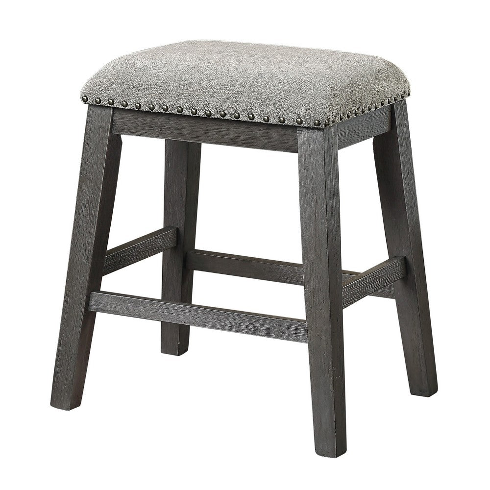 Benjara Tuna Counter Height Stool Set of 2, Chenille Seat, Nailhead, Gray Wood