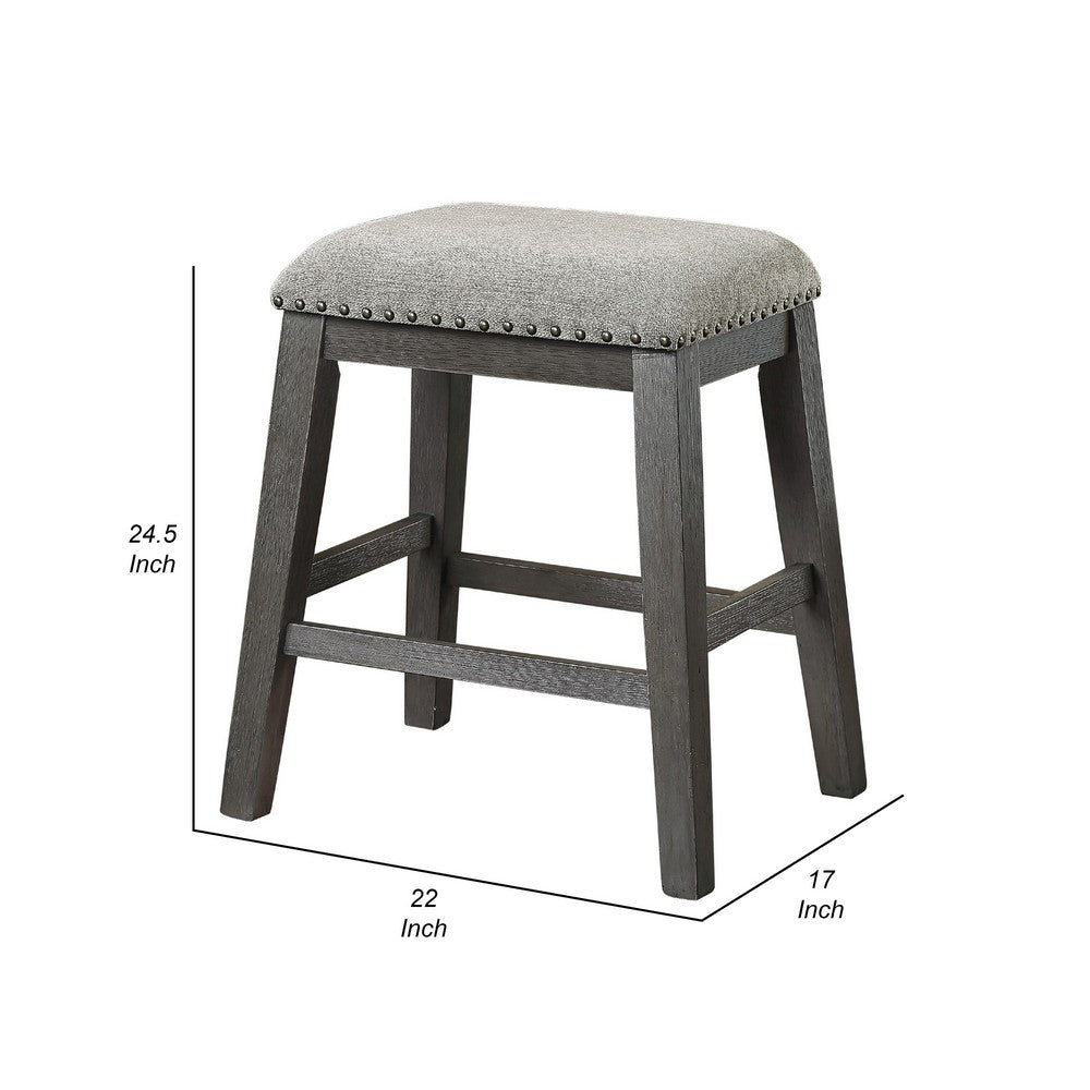 Benjara Tuna Counter Height Stool Set of 2, Chenille Seat, Nailhead, Gray Wood