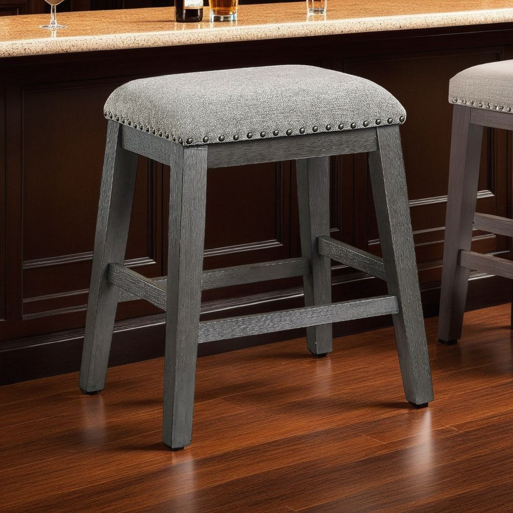 Benjara Tuna Counter Height Stool Set of 2, Chenille Seat, Nailhead, Gray Wood