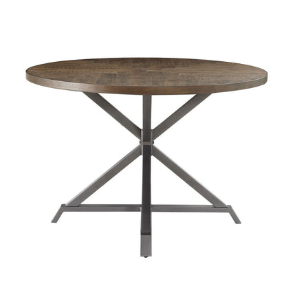 Benjara Fena Dining Table, Round 45 Inch Brown Wood Top, Gray Metal Star Base