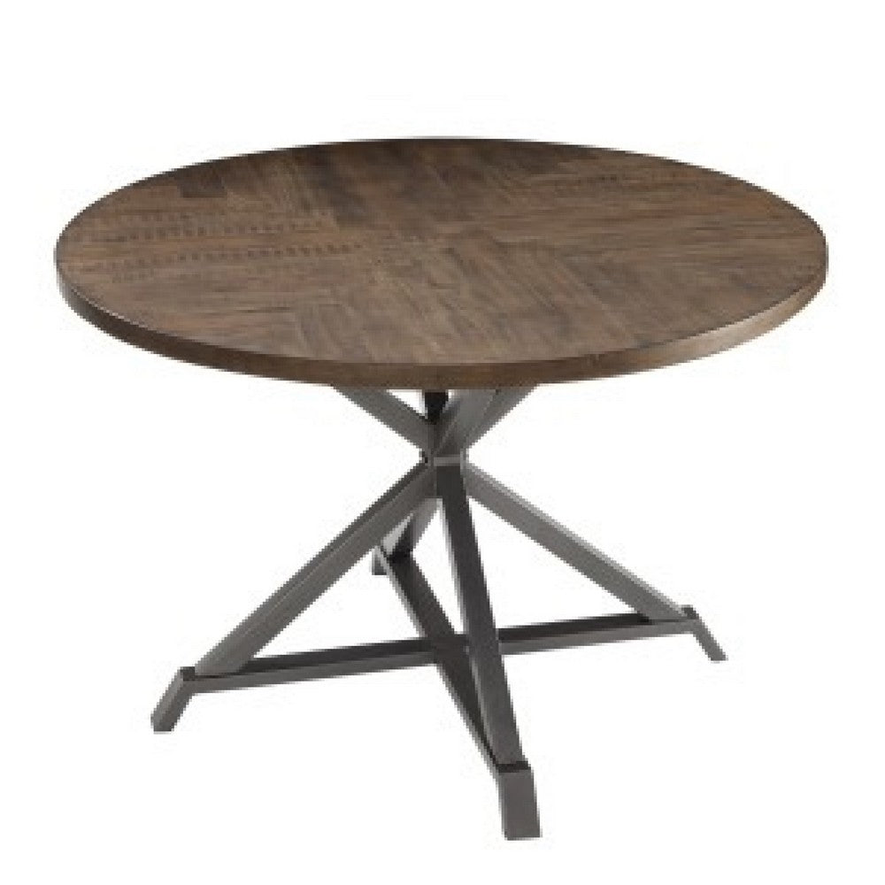 Benjara Fena Dining Table, Round 45 Inch Brown Wood Top, Gray Metal Star Base