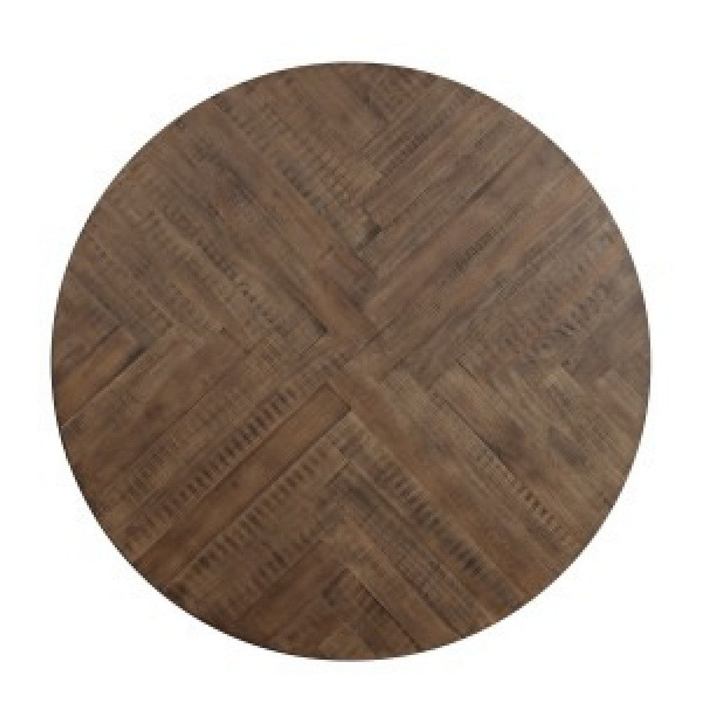 Benjara Fena Dining Table, Round 45 Inch Brown Wood Top, Gray Metal Star Base