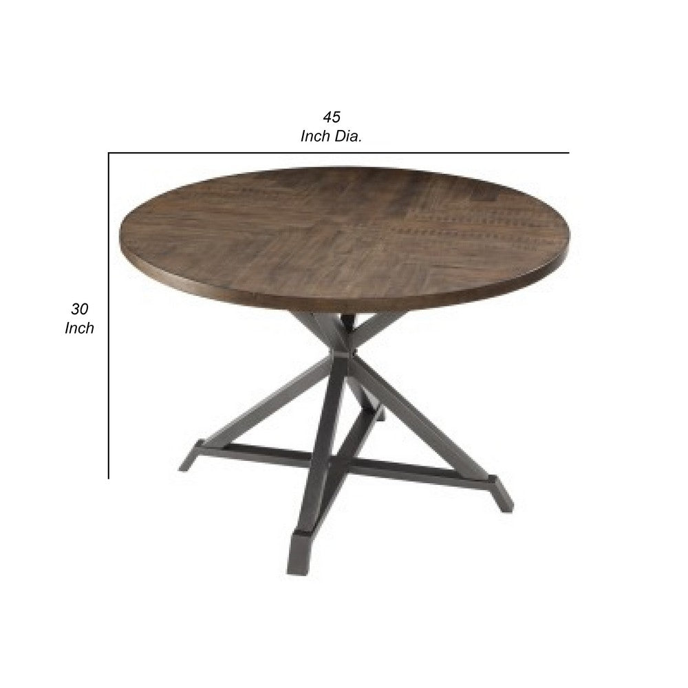 Benjara Fena Dining Table, Round 45 Inch Brown Wood Top, Gray Metal Star Base