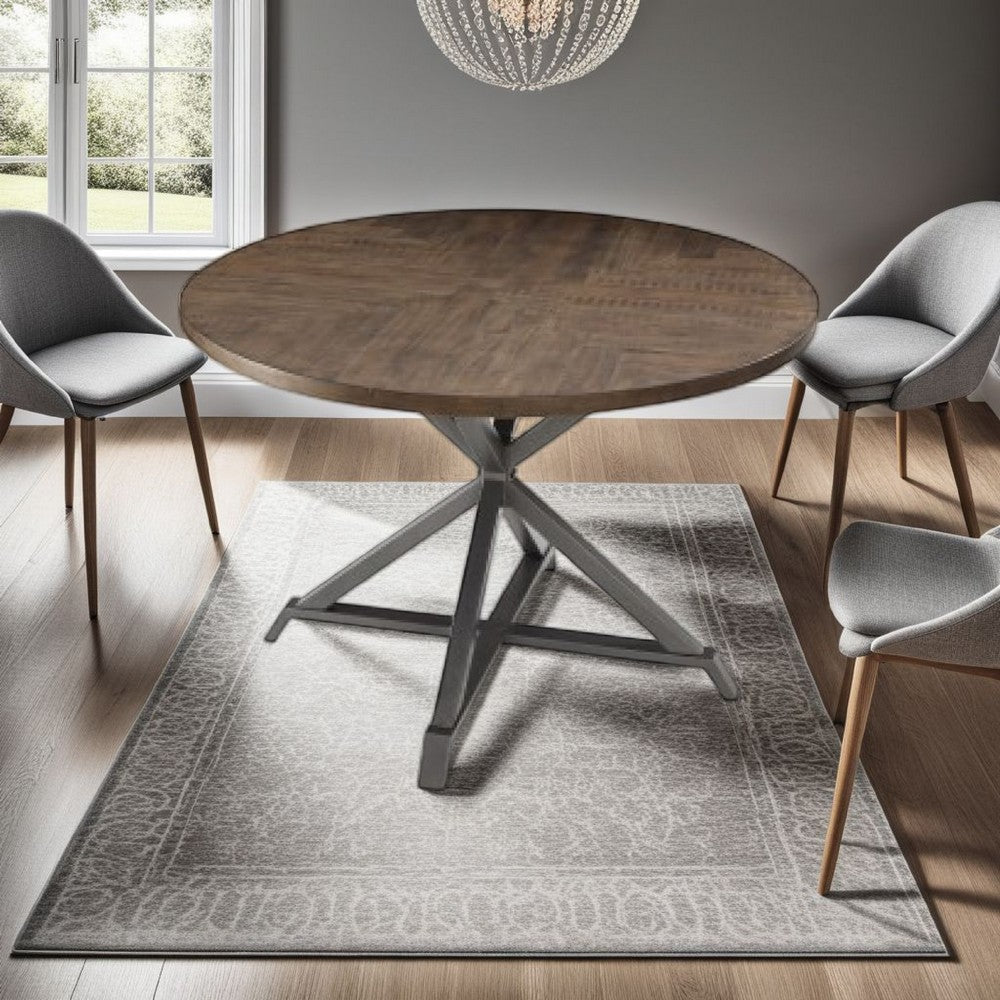 Benjara Fena Dining Table, Round 45 Inch Brown Wood Top, Gray Metal Star Base