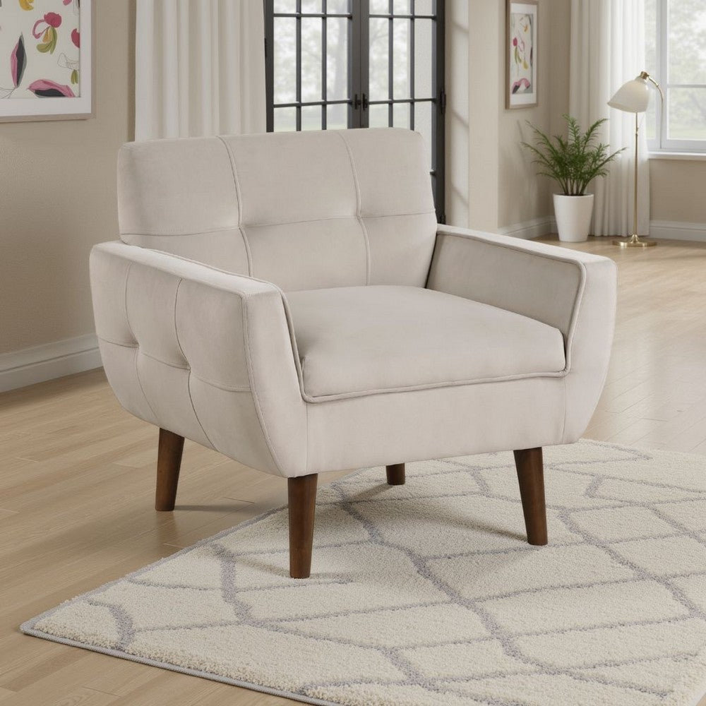 Benjara Roa Accent Armchair, Light Brown Velvet, Tufted Back w Tapered Legs