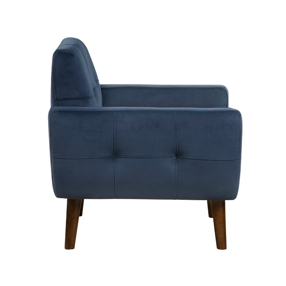 Benjara Roa Accent Armchair, Navy Blue Velvet, Tufted Back w Tapered Legs