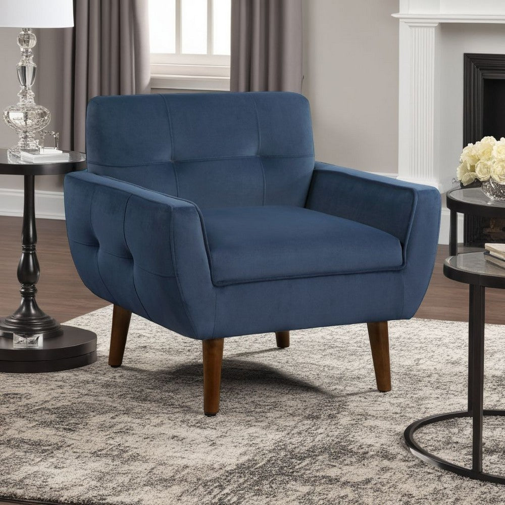 Benjara Roa Accent Armchair, Navy Blue Velvet, Tufted Back w Tapered Legs