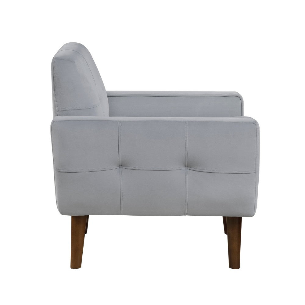 Benjara Roa Accent Armchair, Light Gray Velvet, Tufted Back w Tapered Legs