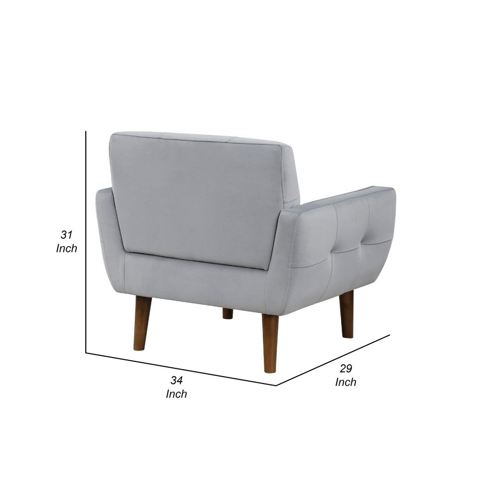 Benjara Roa Accent Armchair, Light Gray Velvet, Tufted Back w Tapered Legs