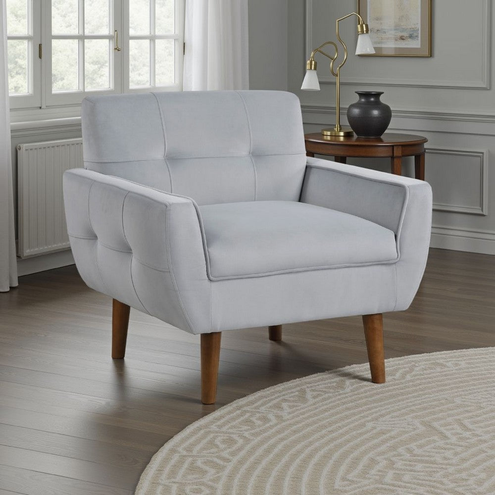 Benjara Roa Accent Armchair, Light Gray Velvet, Tufted Back w Tapered Legs