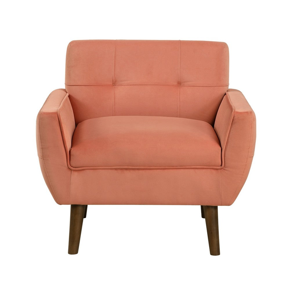 Benjara Roa Accent Armchair, Coral Orange Velvet, Tufted Back w Tapered Legs
