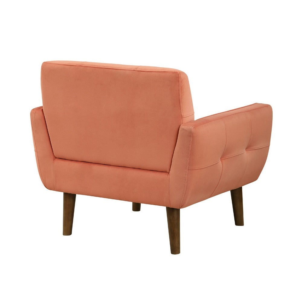 Benjara Roa Accent Armchair, Coral Orange Velvet, Tufted Back w Tapered Legs