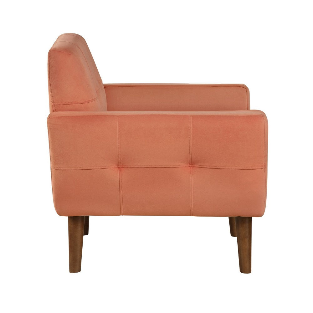 Benjara Roa Accent Armchair, Coral Orange Velvet, Tufted Back w Tapered Legs