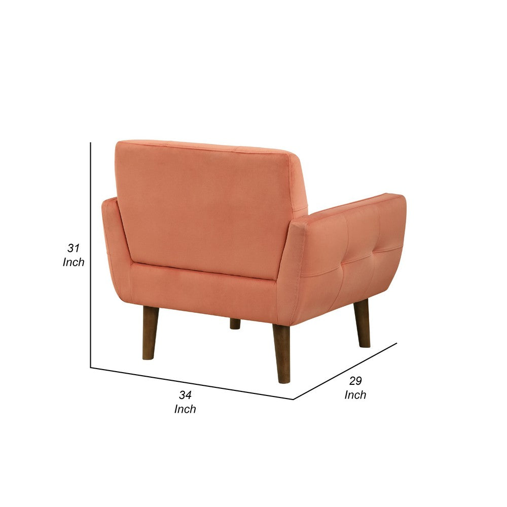 Benjara Roa Accent Armchair, Coral Orange Velvet, Tufted Back w Tapered Legs