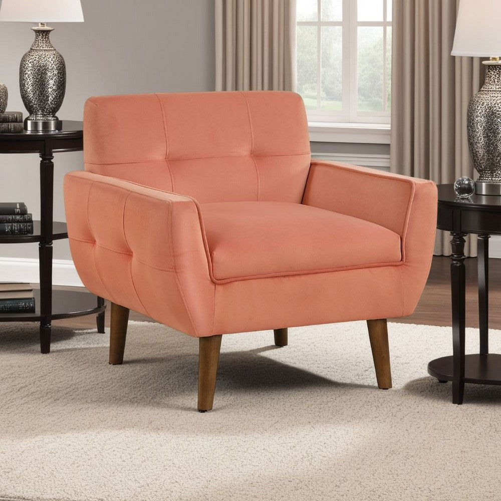 Benjara Roa Accent Armchair, Coral Orange Velvet, Tufted Back w Tapered Legs