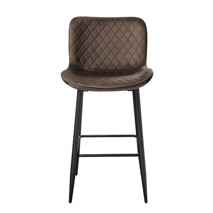Benjara Aniya Bar Stool Chair Set of 2, Black Angled Metal Legs, Brown Velvet
