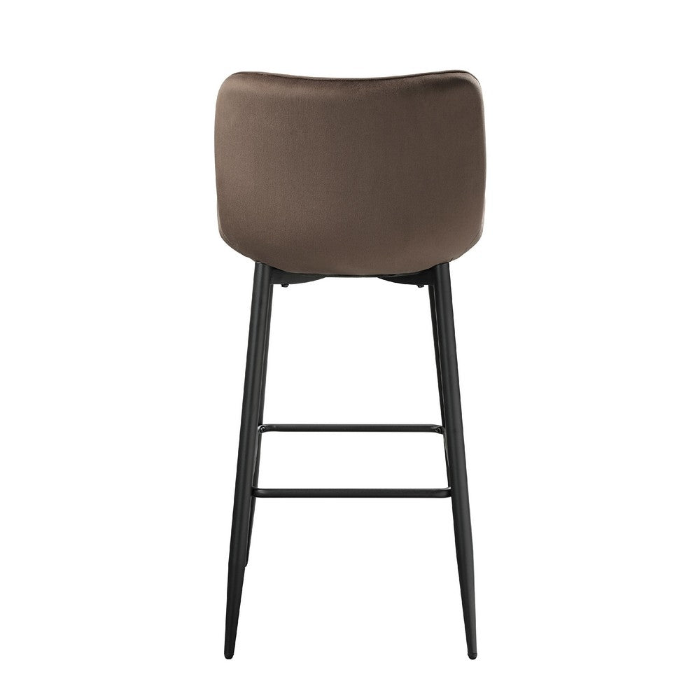 Benjara Aniya Bar Stool Chair Set of 2, Black Angled Metal Legs, Brown Velvet