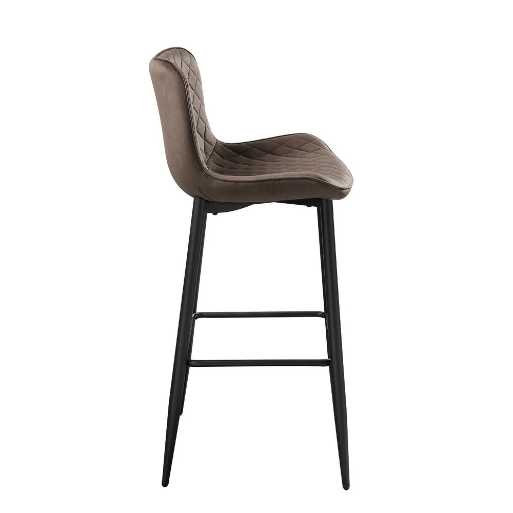 Benjara Aniya Bar Stool Chair Set of 2, Black Angled Metal Legs, Brown Velvet