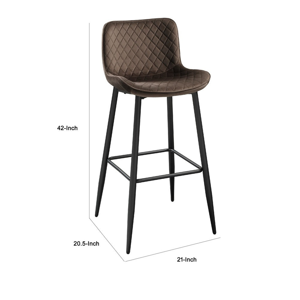 Benjara Aniya Bar Stool Chair Set of 2, Black Angled Metal Legs, Brown Velvet
