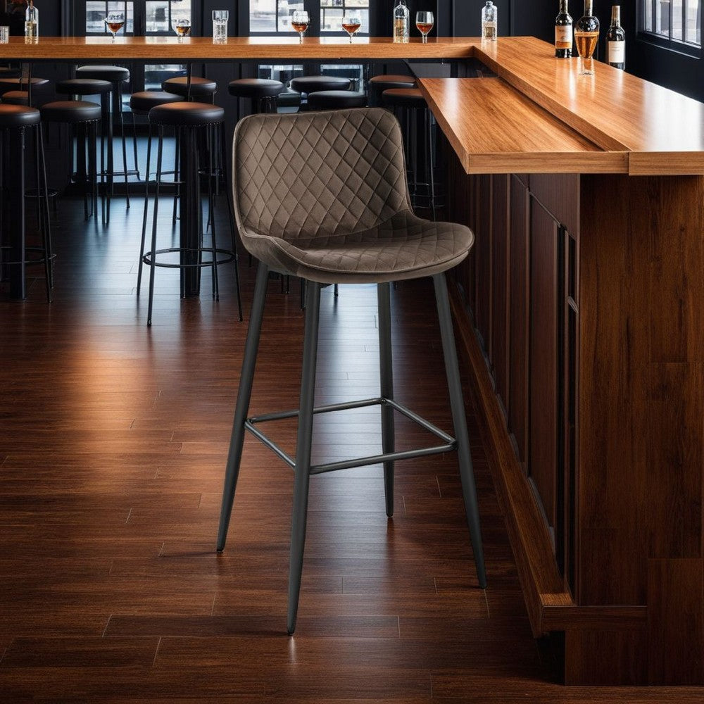 Benjara Aniya Bar Stool Chair Set of 2, Black Angled Metal Legs, Brown Velvet