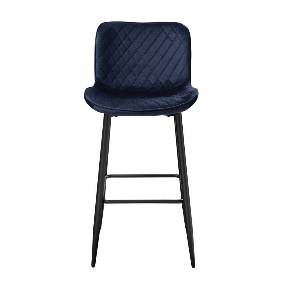 Benjara Aniya Bar Stool Chair Set of 2, Black Metal Legs, Dark Blue Velvet