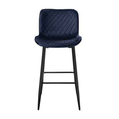 Benjara Aniya Bar Stool Chair Set of 2, Black Metal Legs, Dark Blue Velvet
