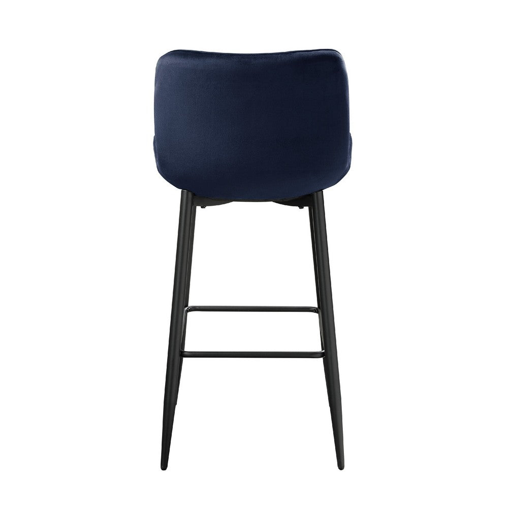 Benjara Aniya Bar Stool Chair Set of 2, Black Metal Legs, Dark Blue Velvet