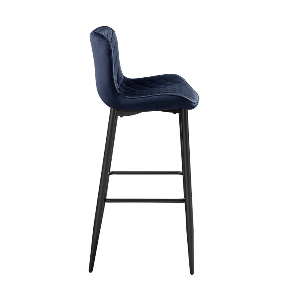 Benjara Aniya Bar Stool Chair Set of 2, Black Metal Legs, Dark Blue Velvet