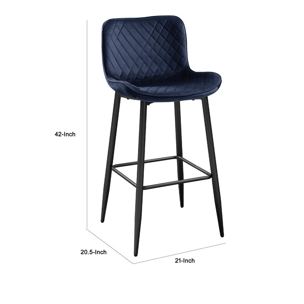 Benjara Aniya Bar Stool Chair Set of 2, Black Metal Legs, Dark Blue Velvet