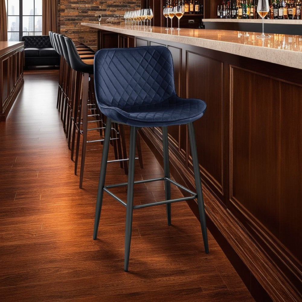 Benjara Aniya Bar Stool Chair Set of 2, Black Metal Legs, Dark Blue Velvet