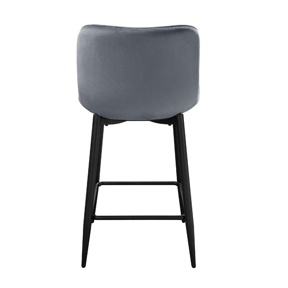 Benjara Aniya Counter Stool Chair Set of 2, Black Metal Leg, Dark Gray Velvet