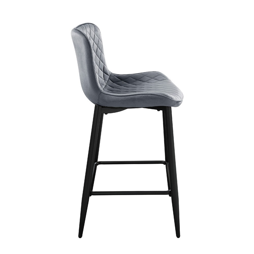 Benjara Aniya Counter Stool Chair Set of 2, Black Metal Leg, Dark Gray Velvet