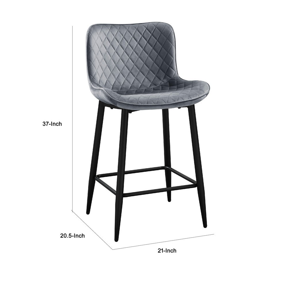 Benjara Aniya Counter Stool Chair Set of 2, Black Metal Leg, Dark Gray Velvet
