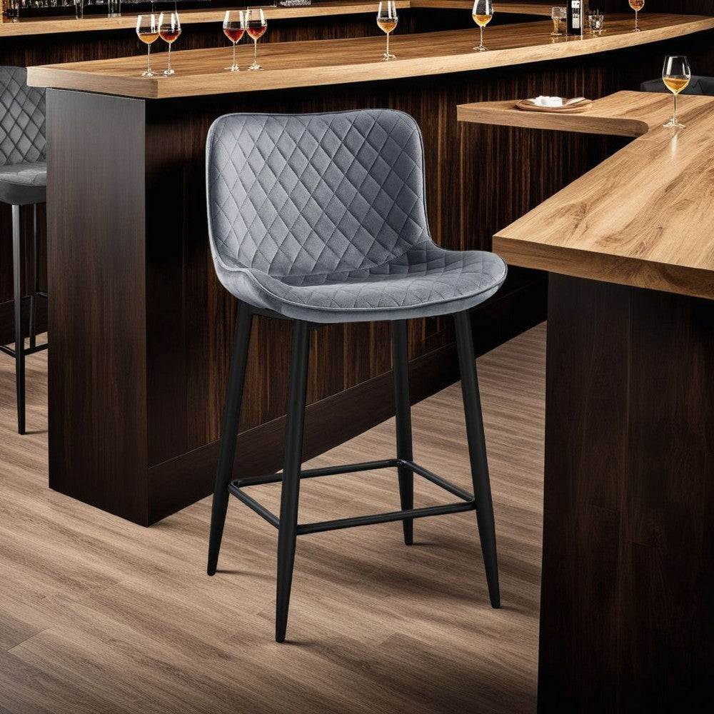 Benjara Aniya Counter Stool Chair Set of 2, Black Metal Leg, Dark Gray Velvet