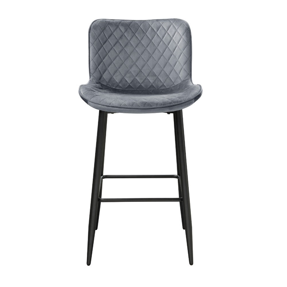 Benjara Aniya Bar Stool Chair Set of 2, Black Metal Legs, Dark Gray Velvet