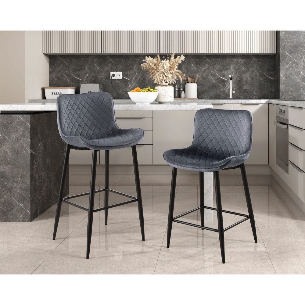 Benjara Aniya Bar Stool Chair Set of 2, Black Metal Legs, Dark Gray Velvet