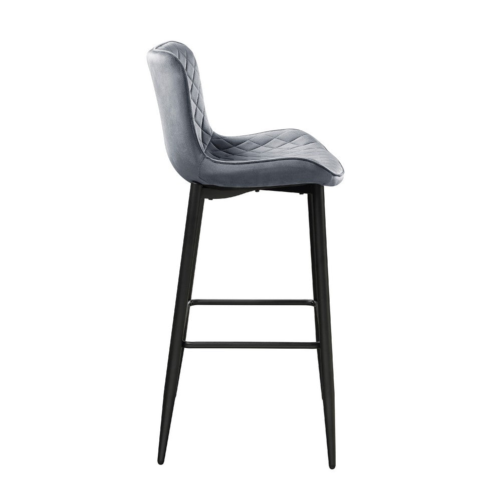 Benjara Aniya Bar Stool Chair Set of 2, Black Metal Legs, Dark Gray Velvet